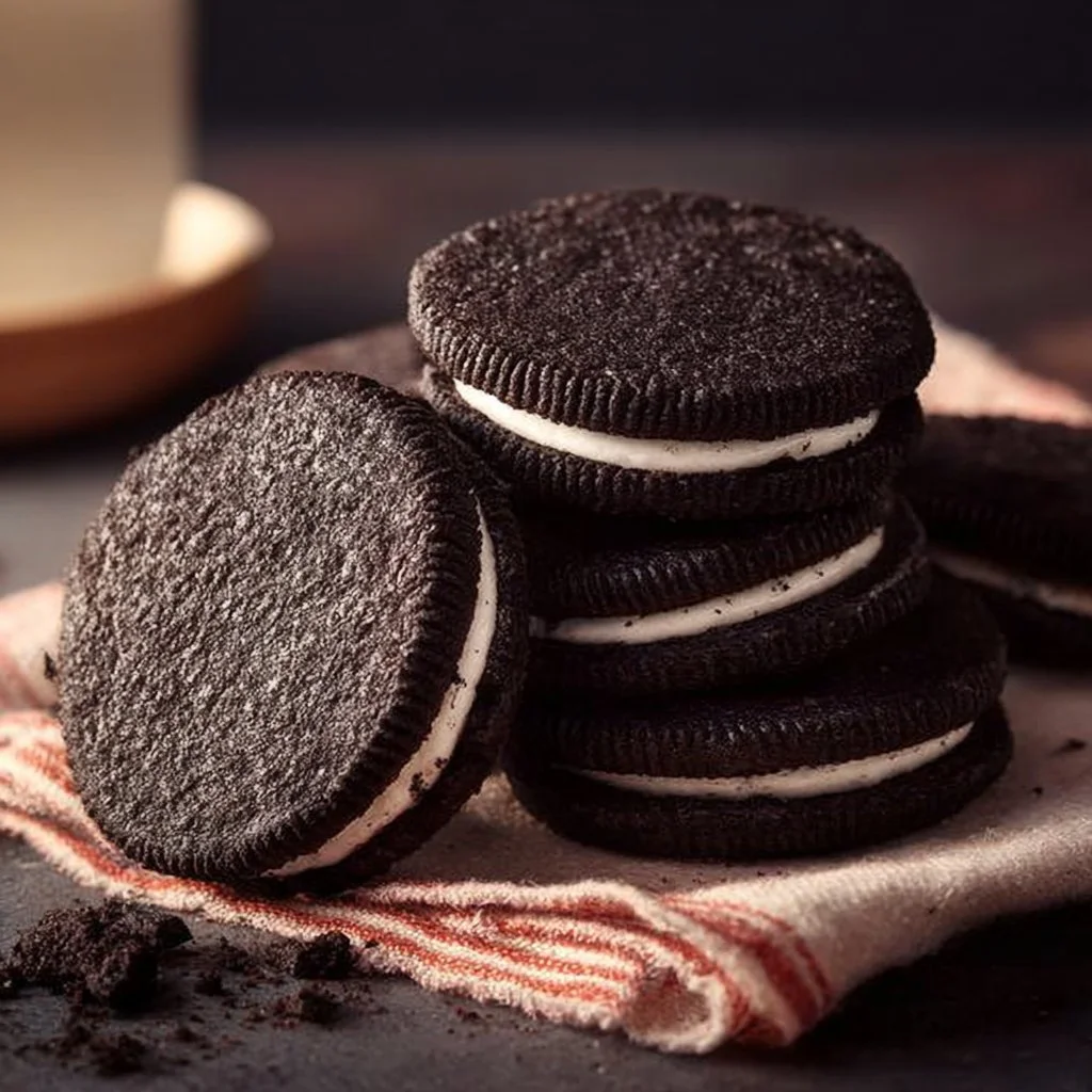 Delicious homemade Oreo cookies with a rich chocolate filling.