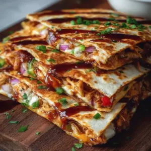 Hot Honey BBQ Chicken Quesadillas garnished with fresh ingredients