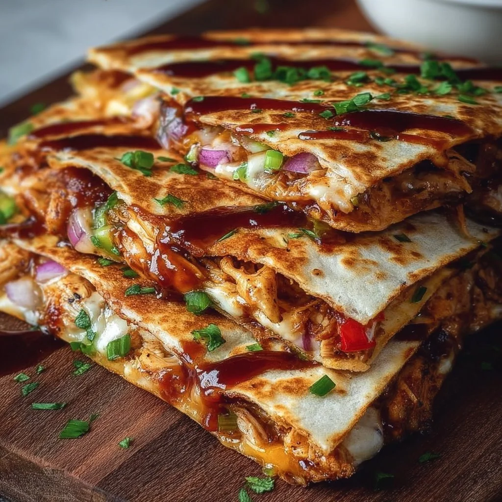 Hot Honey BBQ Chicken Quesadillas garnished with fresh ingredients