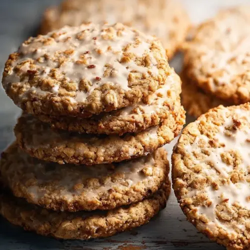 Delicious iced oatmeal cookies with a sweet icing glaze on a cooling rack.