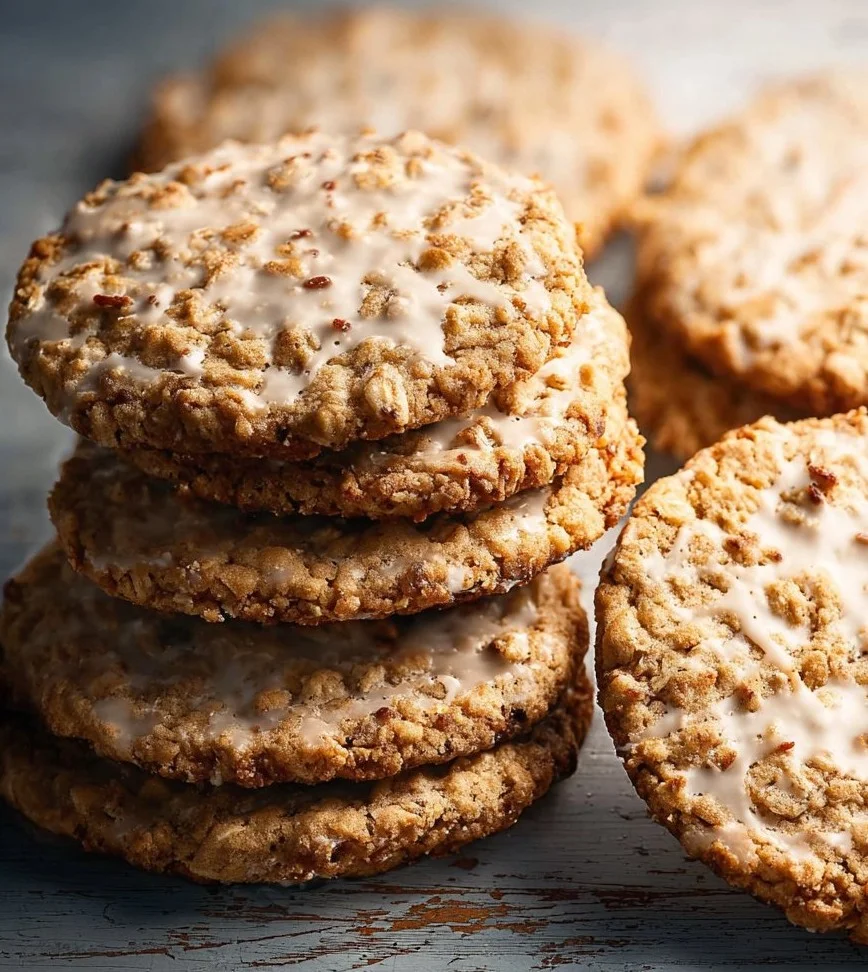 Delicious iced oatmeal cookies with a sweet icing glaze on a cooling rack.