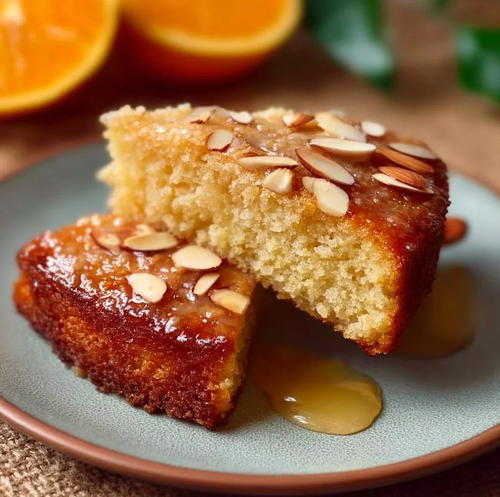 Delicious orange almond cake topped with fresh orange zest and almond slices