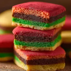 Delicious Italian Rainbow Cookies arranged in a colorful display.