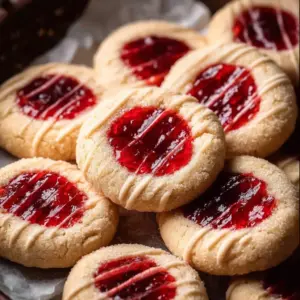 Baked jam thumbprint cookies on a plate with colorful jam fillings