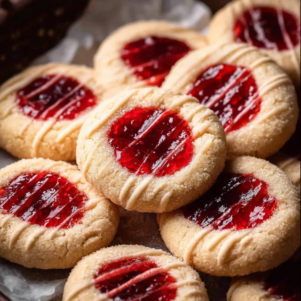 Baked jam thumbprint cookies on a plate with colorful jam fillings