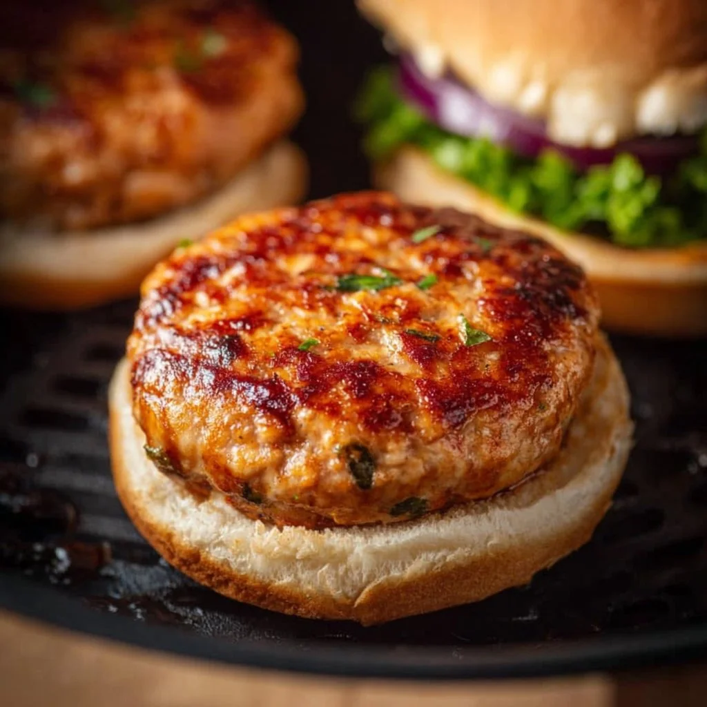 Juicy air fryer turkey burgers served on a plate with fresh toppings
