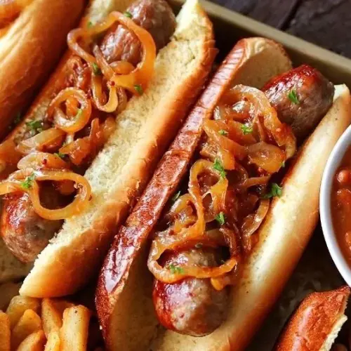 Delicious juicy brats cooked in an air fryer, ready to serve.