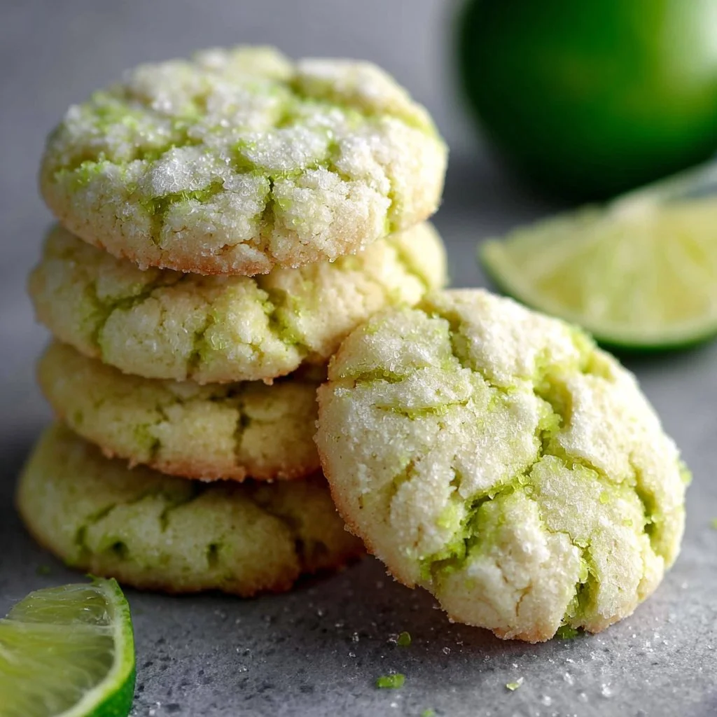 Delicious homemade Key Lime Cookies on a plate with lime slices.