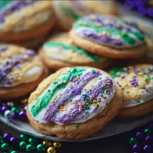 Plate of colorful King Cake Cookies with icing and sprinkles