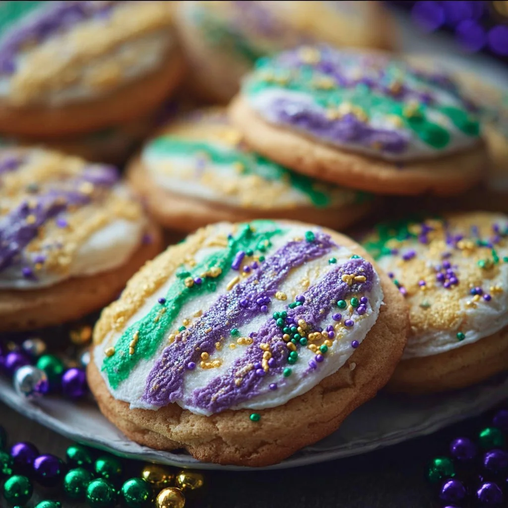 Plate of colorful King Cake Cookies with icing and sprinkles