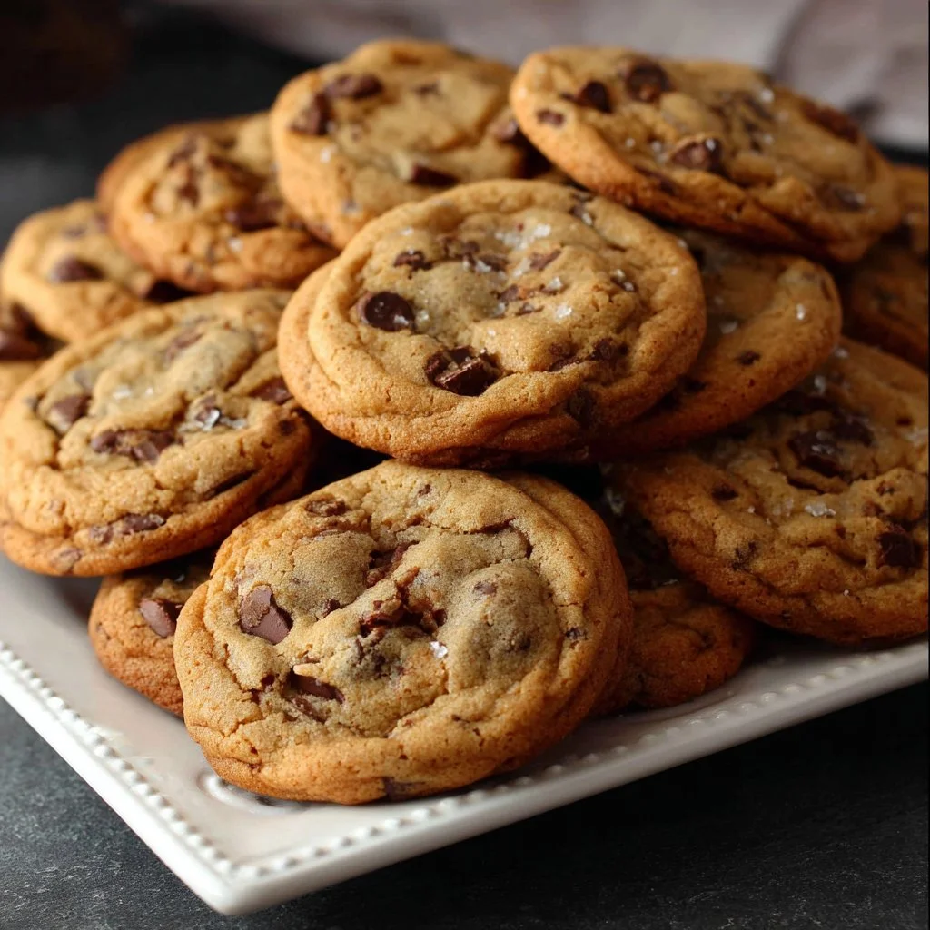 Large batch of freshly baked chocolate chip cookies on a cooling rack