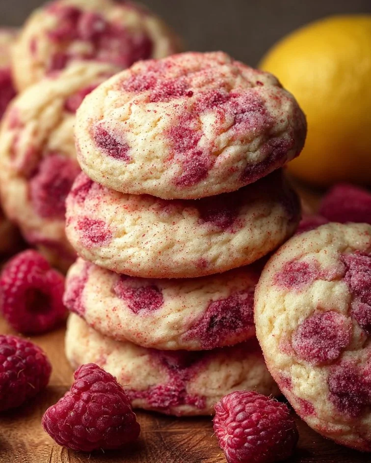 Freshly baked Lemon Raspberry Cookies on a plate, perfect for dessert.