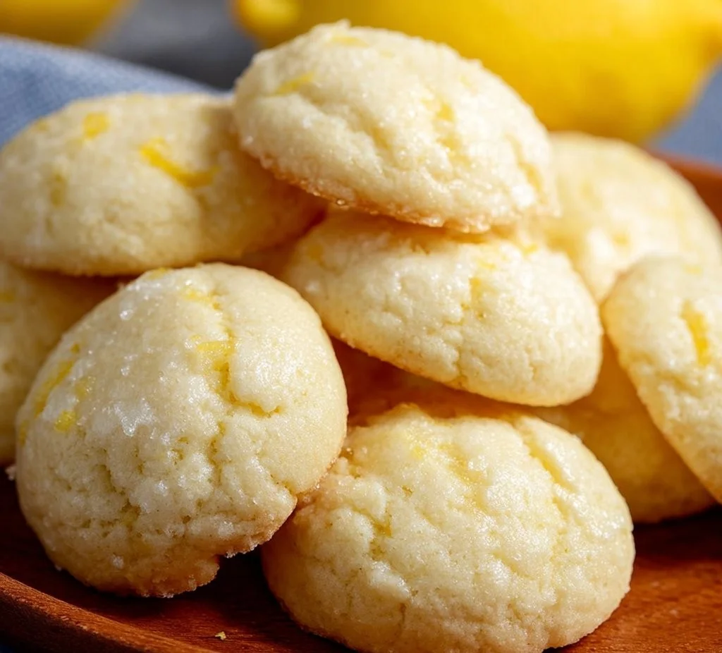 Delicious Lemon Ricotta Cookies on a plate with a lemon wedge