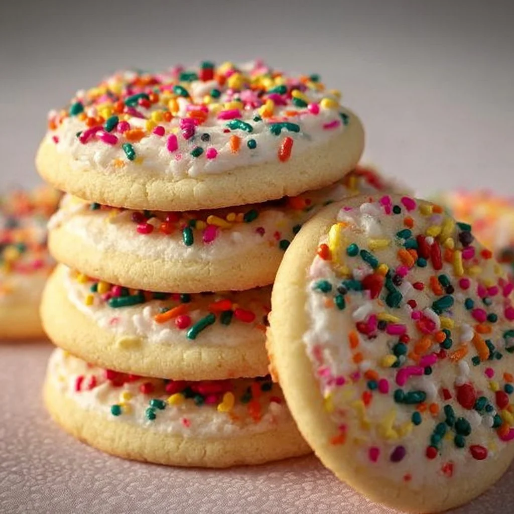 Delicious Lofthouse sugar cookies with colorful frosting on a plate.