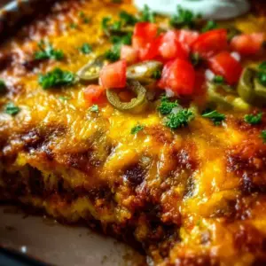 Delicious low carb Mexican casserole served in a baking dish with toppings.