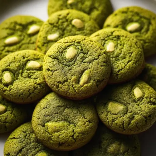 Delicious green matcha cookies on a white plate with a sprinkle of powdered sugar.