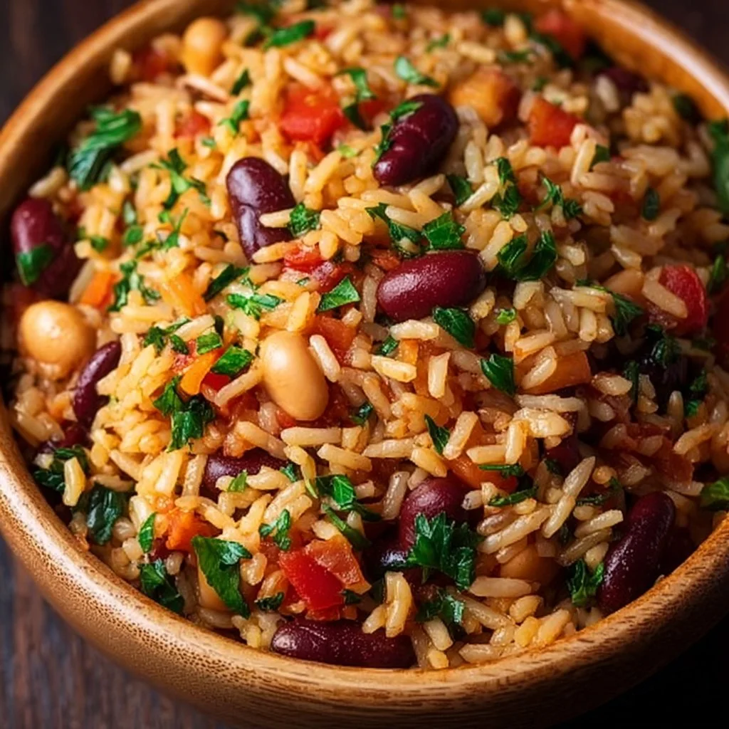 Mediterranean Rice and Beans served in a colorful bowl with fresh herbs