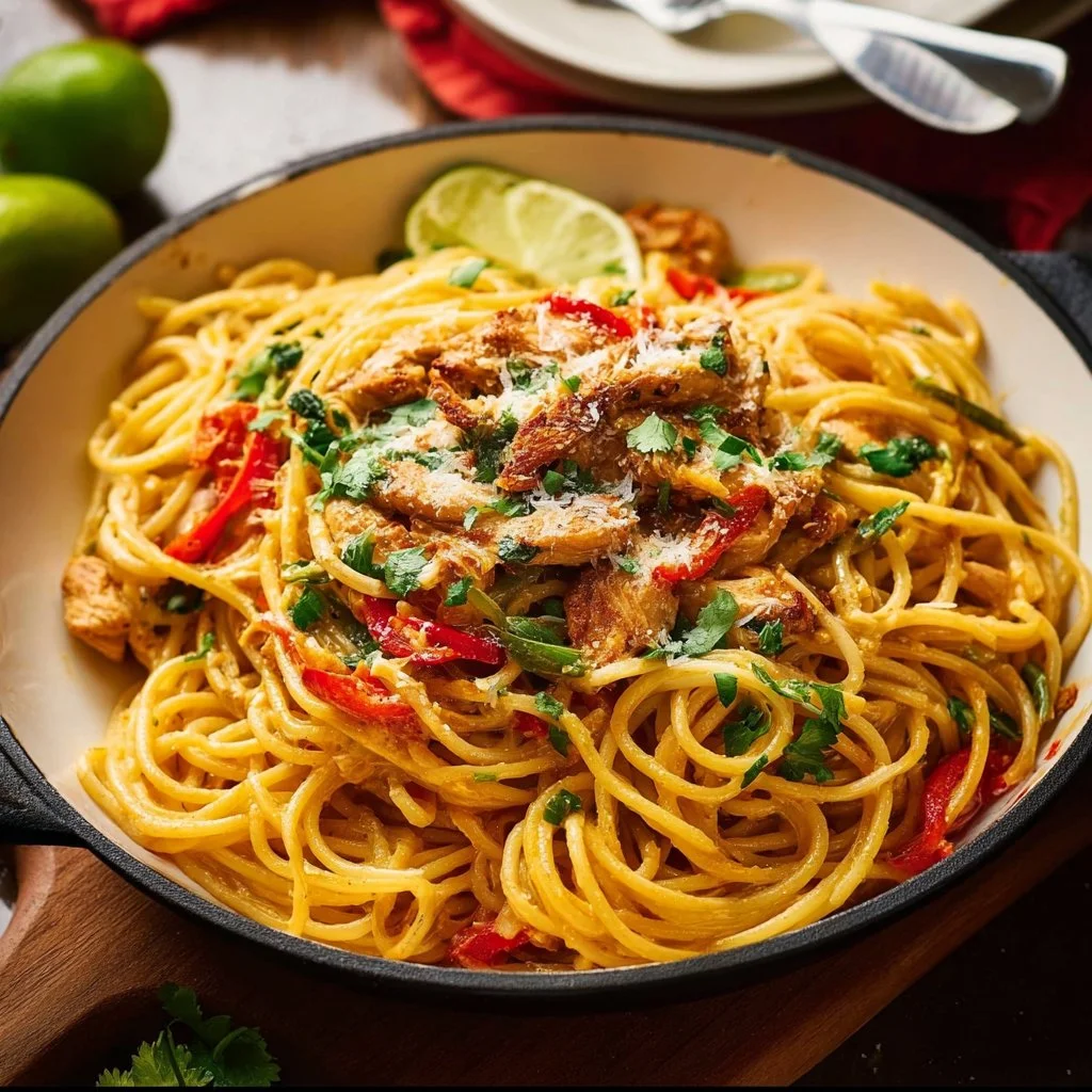 A plate of Mexican Chicken Spaghetti topped with fresh herbs and cheese.