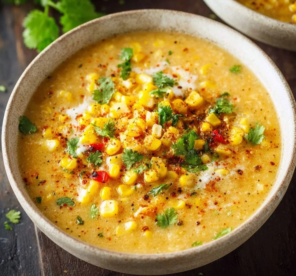 Bowl of flavorful Mexican corn chowder garnished with cilantro and lime.