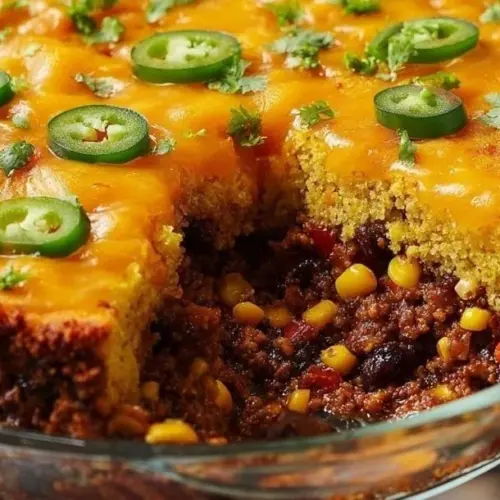 Baked Mexican Cornbread Casserole topped with ingredients on a wooden table.