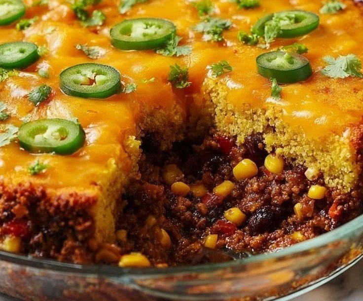 Baked Mexican Cornbread Casserole topped with ingredients on a wooden table.