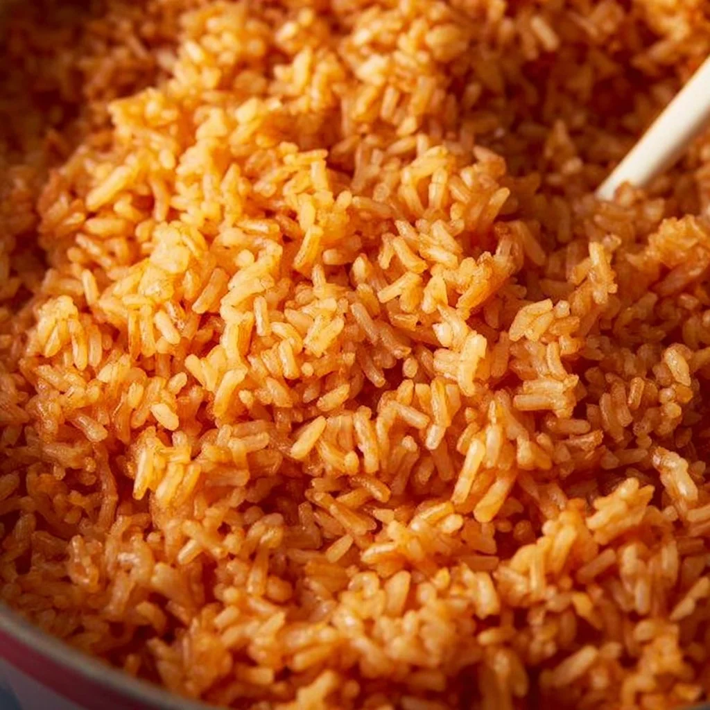 Bowl of vibrant Mexican Red Rice garnished with fresh herbs