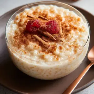Delicious bowl of traditional Mexican rice pudding topped with cinnamon