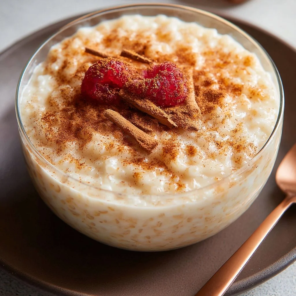 Delicious bowl of traditional Mexican rice pudding topped with cinnamon