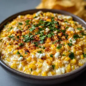 Delicious Mexican Street Corn Dip served with tortilla chips.