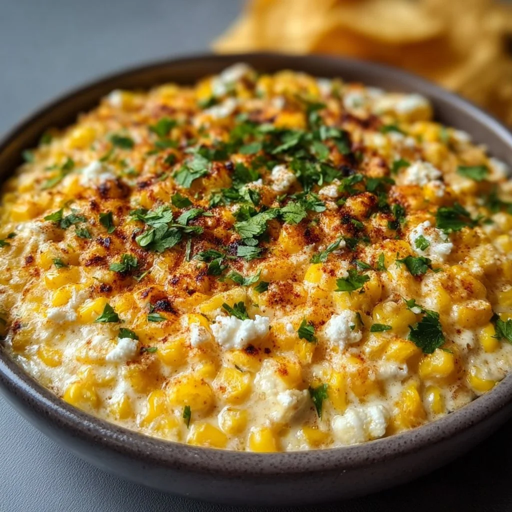 Delicious Mexican Street Corn Dip served with tortilla chips.