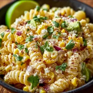 Mexican street corn pasta salad with fresh ingredients and vibrant colors