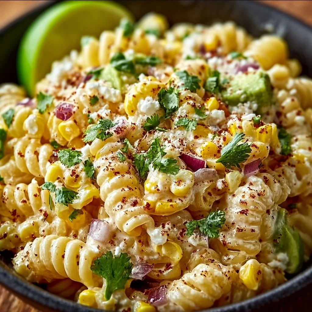 Mexican street corn pasta salad with fresh ingredients and vibrant colors