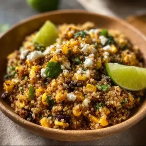 Colorful Mexican Street Corn Quinoa Salad in a bowl with fresh ingredients