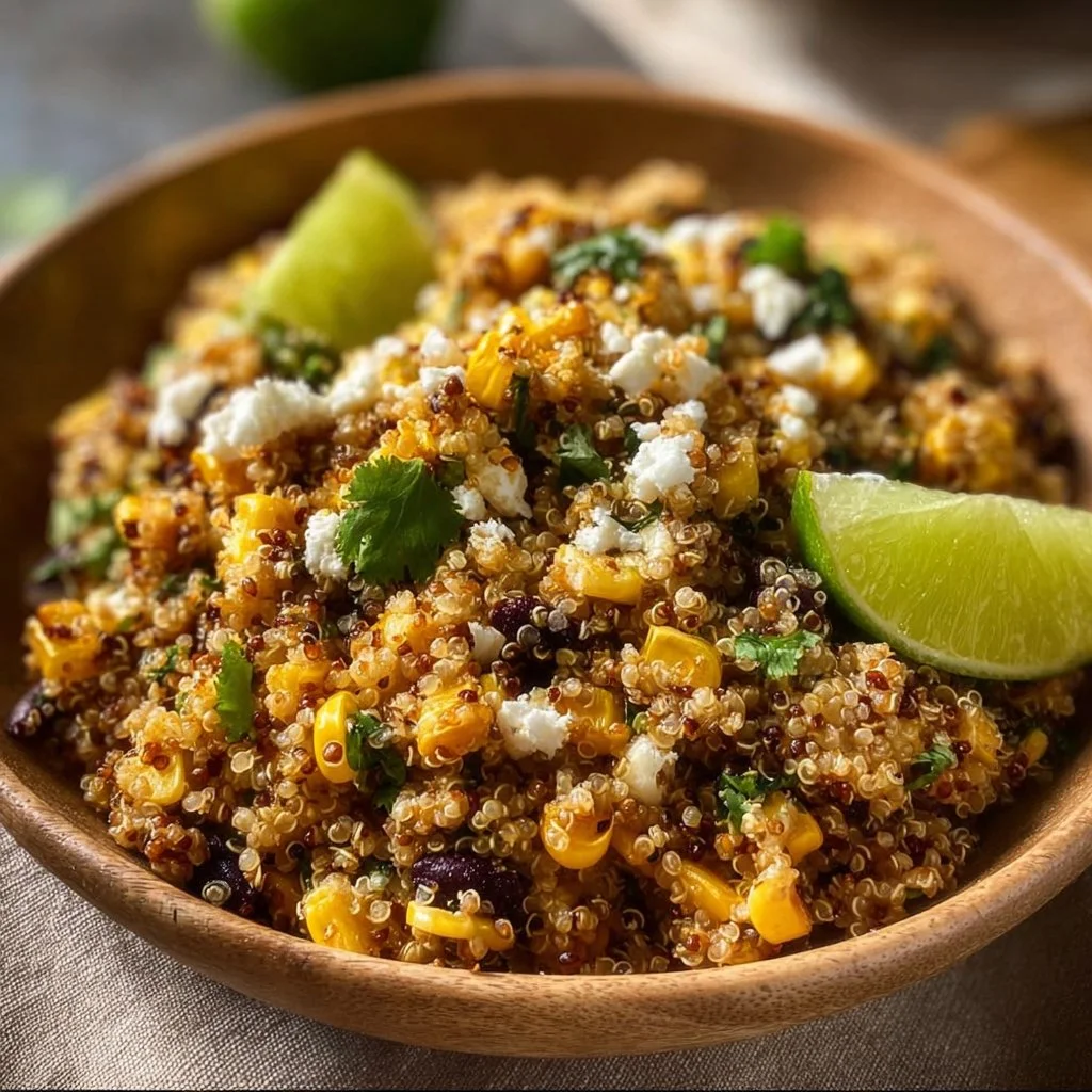 Colorful Mexican Street Corn Quinoa Salad in a bowl with fresh ingredients