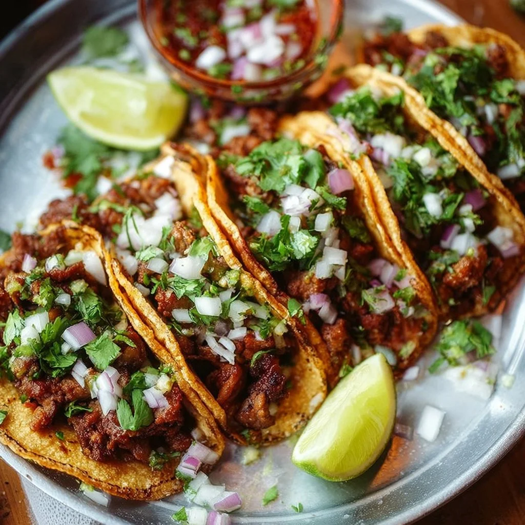 Plate of authentic Mexican street tacos with fresh toppings and salsas.