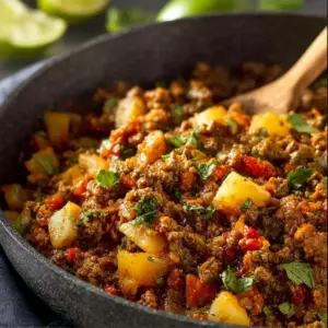 Mexican style ground beef hash served in a skillet with spices and vegetables