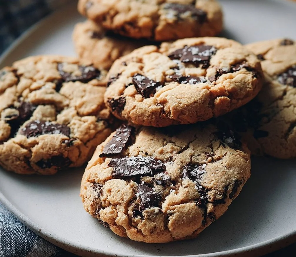Plate of delicious miso chocolate chip cookies with melted chocolate chips