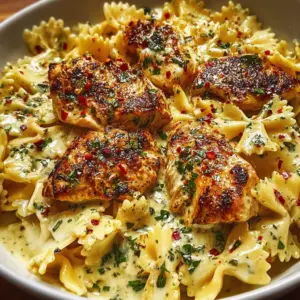 Delicious Mozzarella Garlic Butter Chicken with creamy bowtie pasta