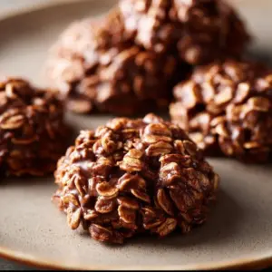 No-bake chocolate peanut butter oatmeal cookies on a plate