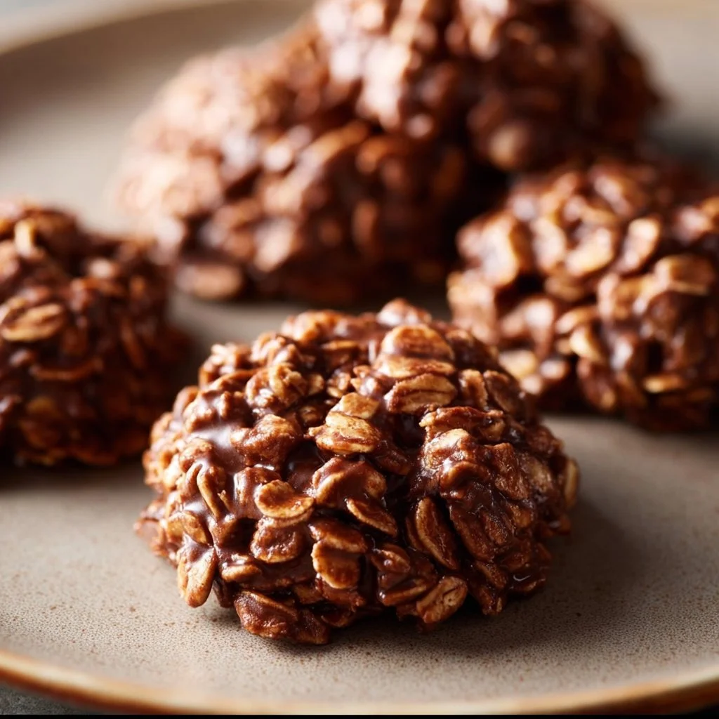 No-bake chocolate peanut butter oatmeal cookies on a plate