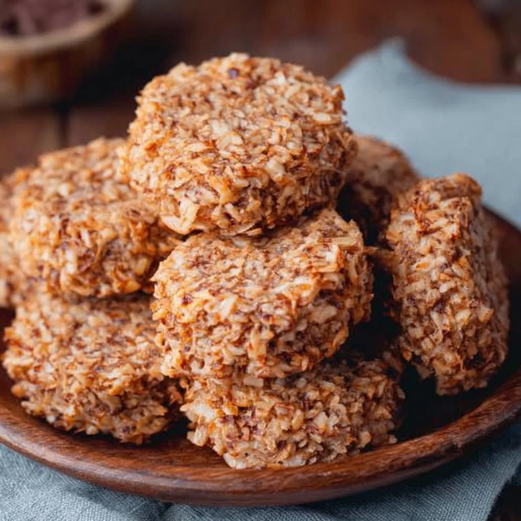 Plate of delicious no-bake coconut cookies topped with shredded coconut.