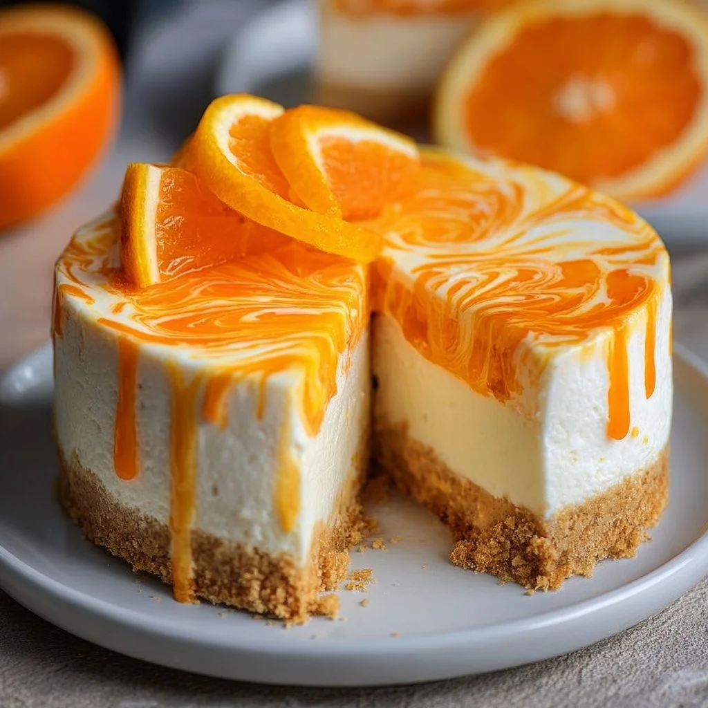 No-bake orange creamsicle cheesecake topped with orange slices and whipped cream.