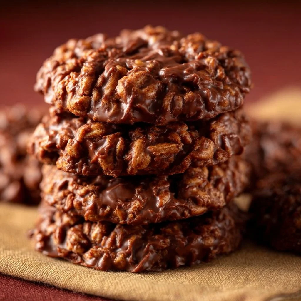 Delicious no bake peanut butter chocolate cookies on a plate.