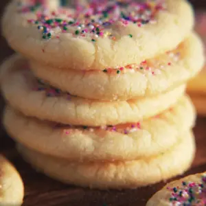 Delicious no chill sugar cookies with colorful sprinkles ready to serve.