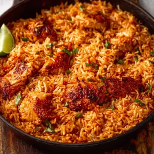 Delicious one pan Mexican chicken and rice dish ready to serve