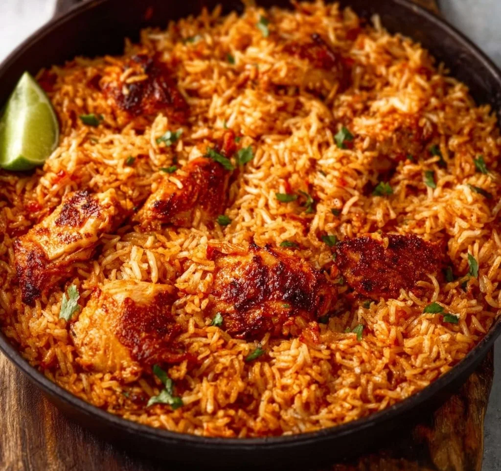 Delicious one pan Mexican chicken and rice dish ready to serve