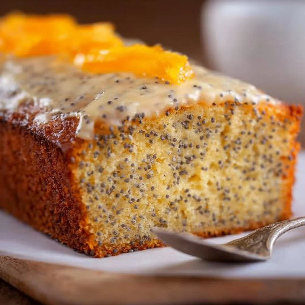 A slice of moist Orange and Poppy Seed Cake topped with citrus glaze and poppy seeds