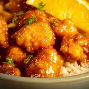 Delicious Orange Chicken served with vibrant sauce and garnished with green onions.