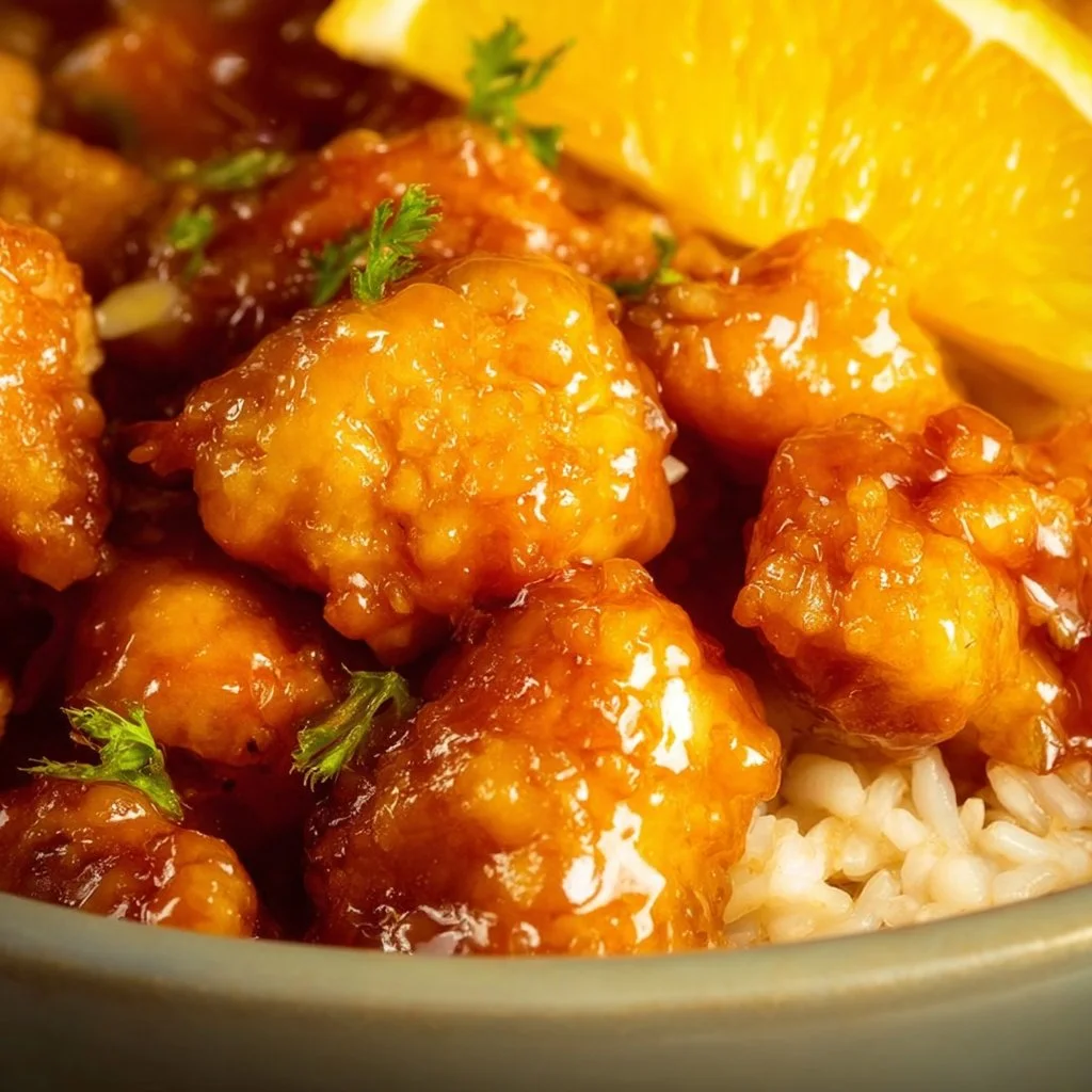 Delicious Orange Chicken served with vibrant sauce and garnished with green onions.