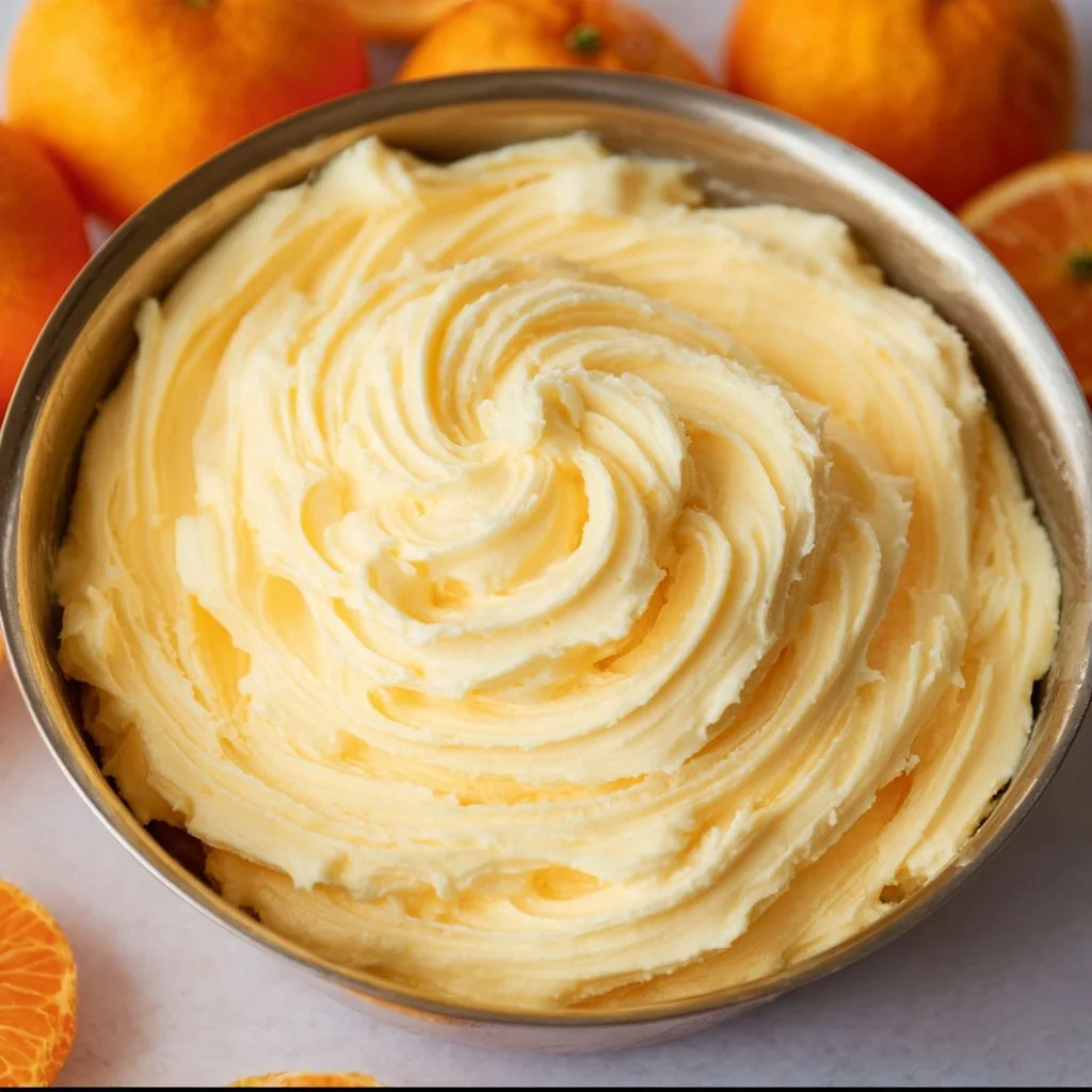 Delicious orange cream cheese frosting on a cupcake